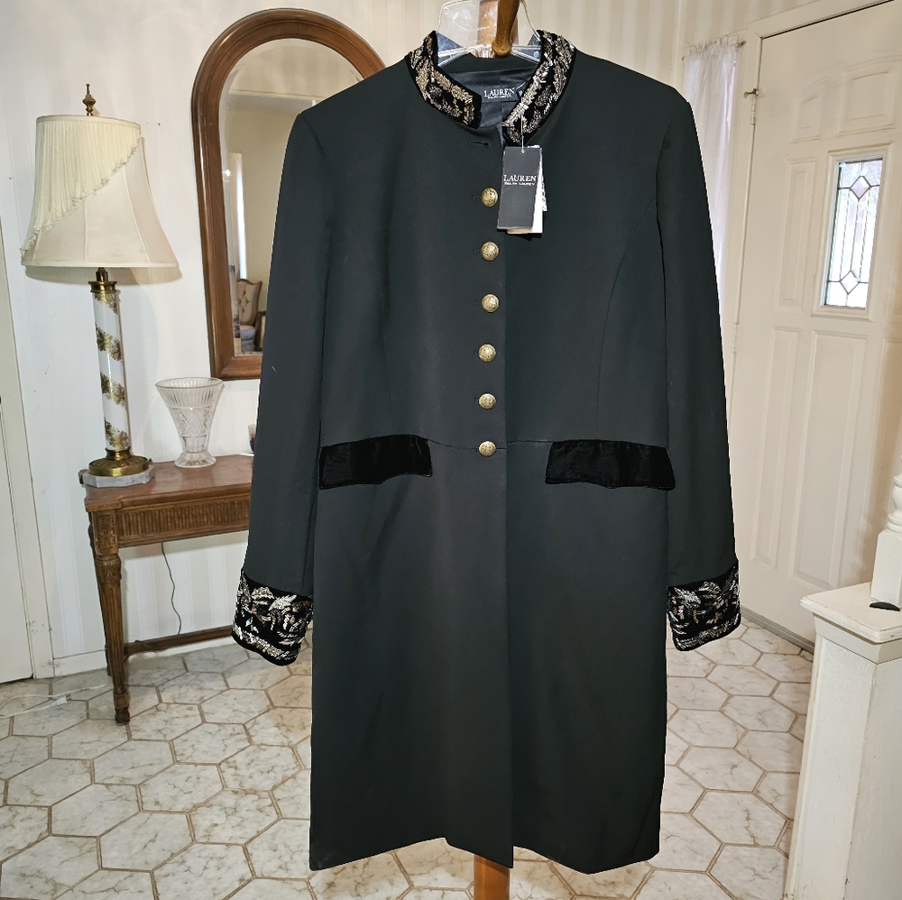 Ralph Lauren Embroidered Velvet & Sequins Trim Tricotine Coat - Picture 5 of 8